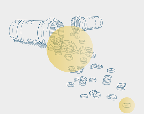 Illustration of prescription pill bottles and medication spilling out of them, overlaid with semi-transparent yellow circles. 
