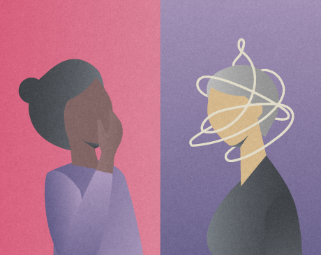 Silhouette of a woman yawning; silhouette of a woman with abstract coils floating around head to symbolize neck stiffness.  